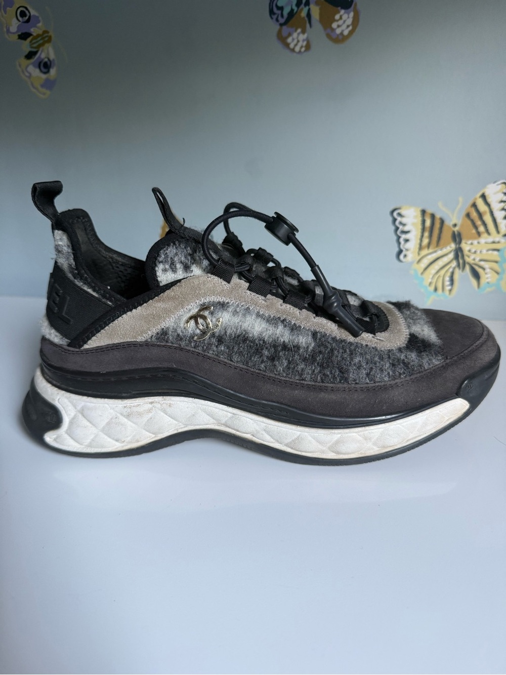 Chanel Black Gray Suede Felted Wool CC Cinch Close Sneakers - Picture 9 of 15